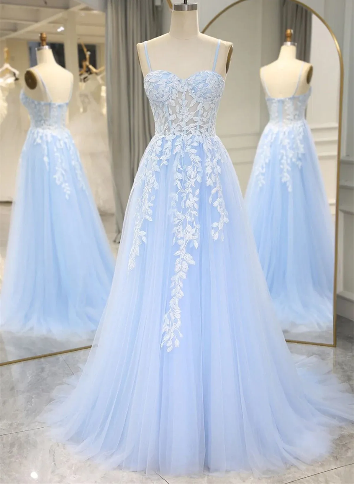 A-line Tulle Blue with Lace Sweetheart Straps Party Dress, Formal Dress in Blue