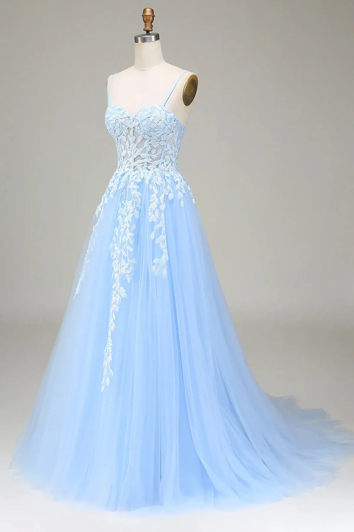 A-line Tulle Blue with Lace Sweetheart Straps Party Dress, Formal Dress in Blue