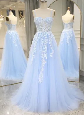 A-line Tulle Blue with Lace Sweetheart Straps Party Dress, Formal Dress in Blue