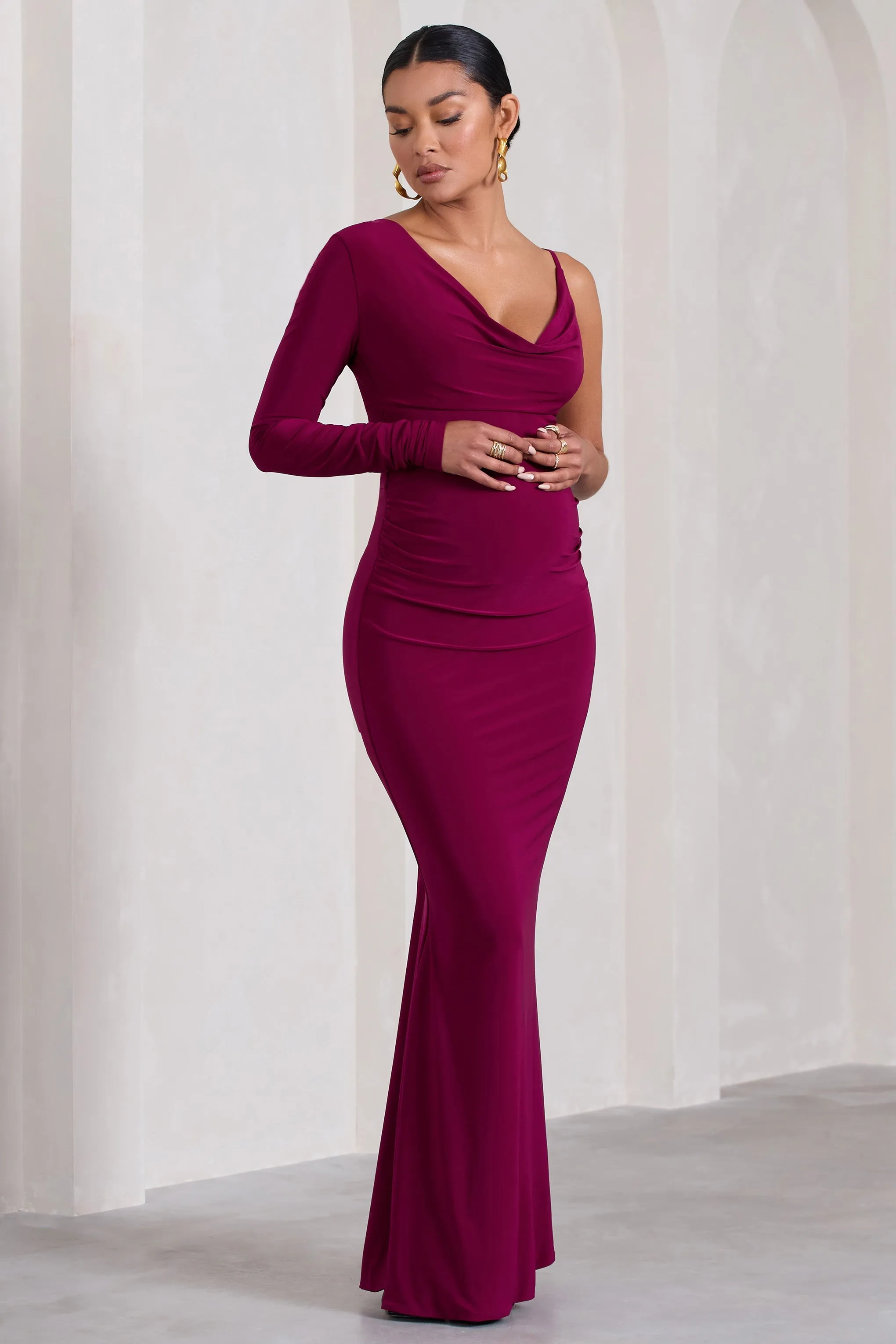 At Dusk Dark Cherry Maternity One-Sleeved Cowl-Neck Fishtail Maxi Dress