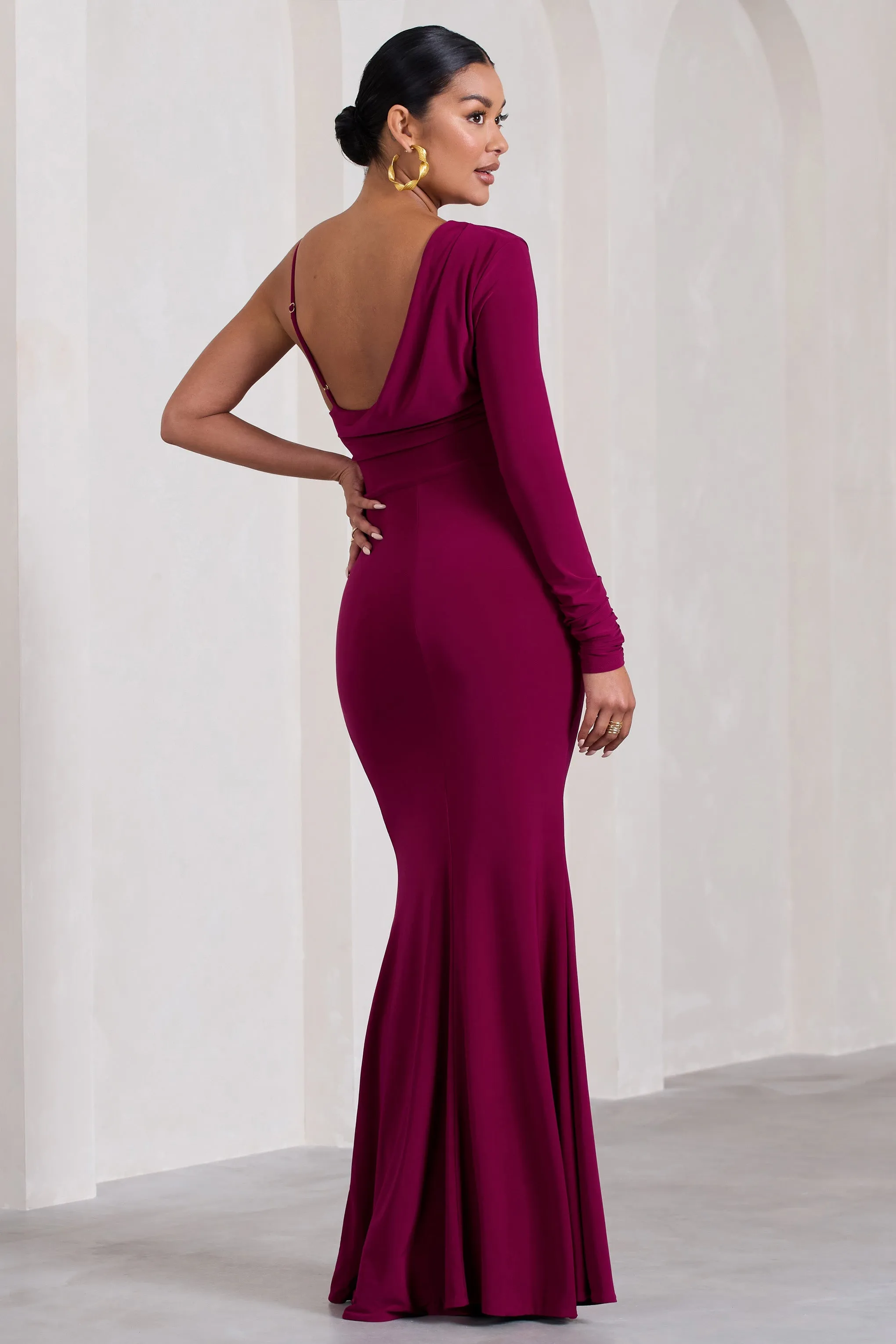 At Dusk Dark Cherry Maternity One-Sleeved Cowl-Neck Fishtail Maxi Dress