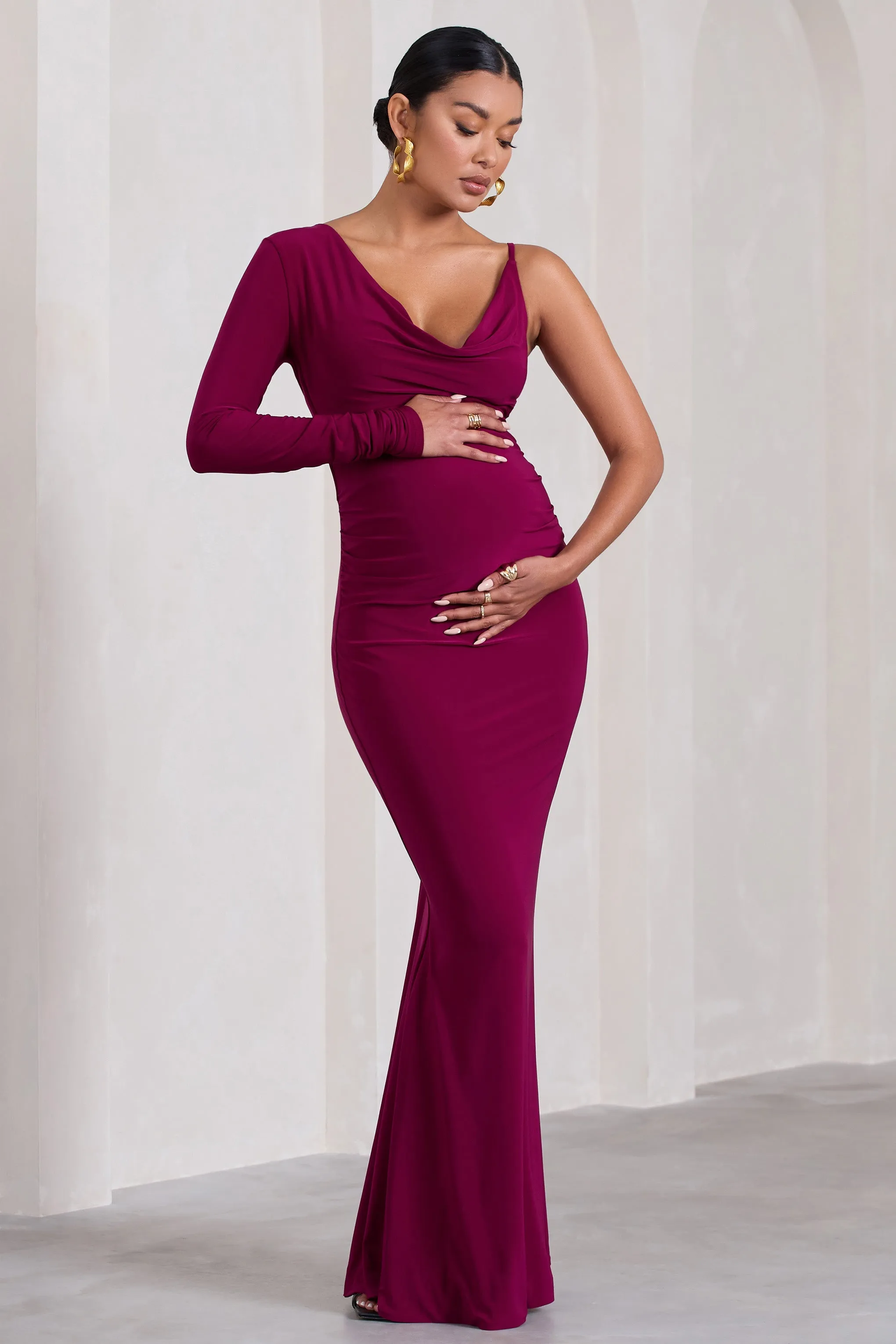 At Dusk Dark Cherry Maternity One-Sleeved Cowl-Neck Fishtail Maxi Dress