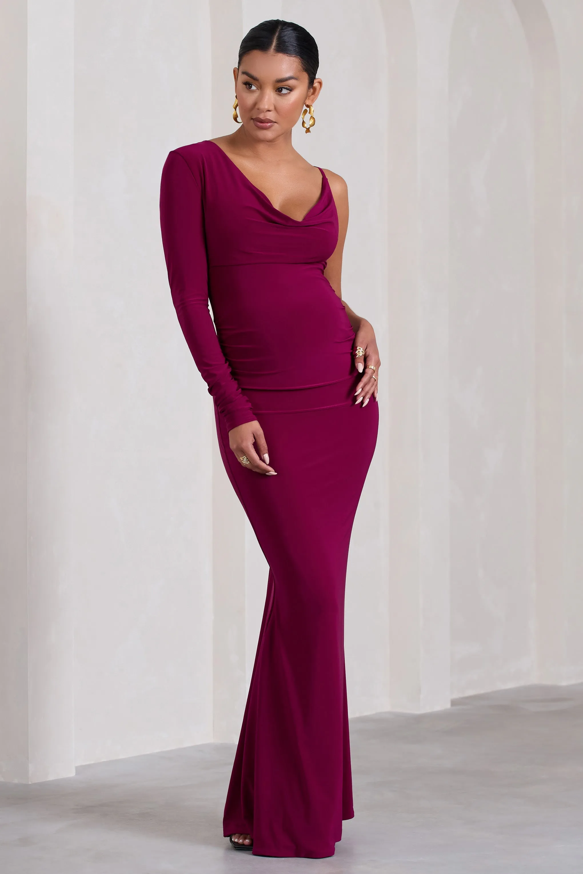 At Dusk Dark Cherry Maternity One-Sleeved Cowl-Neck Fishtail Maxi Dress