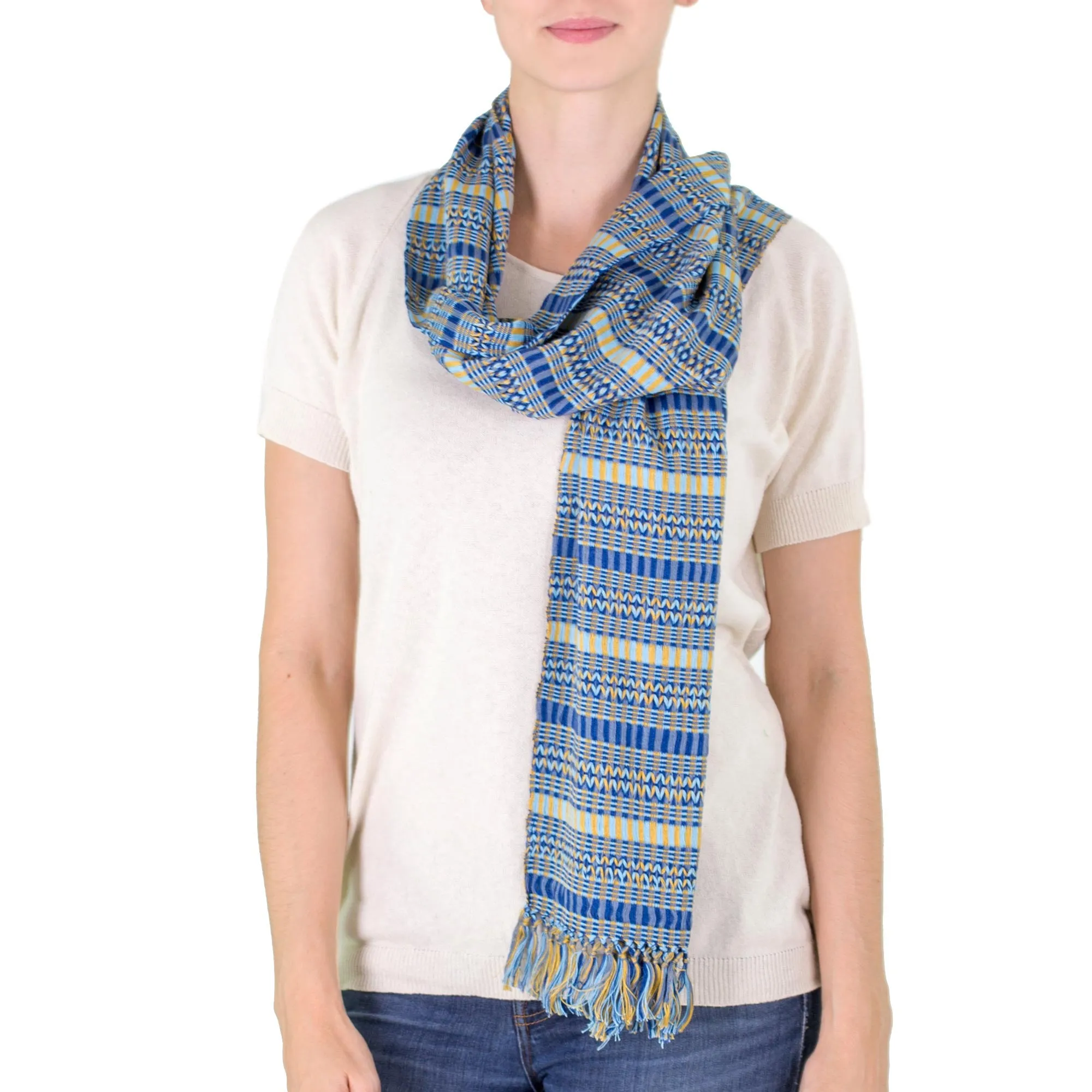 Atitlan Sunshine Backstrap Loom Organic Dye Blue Yellow Cotton Scarf