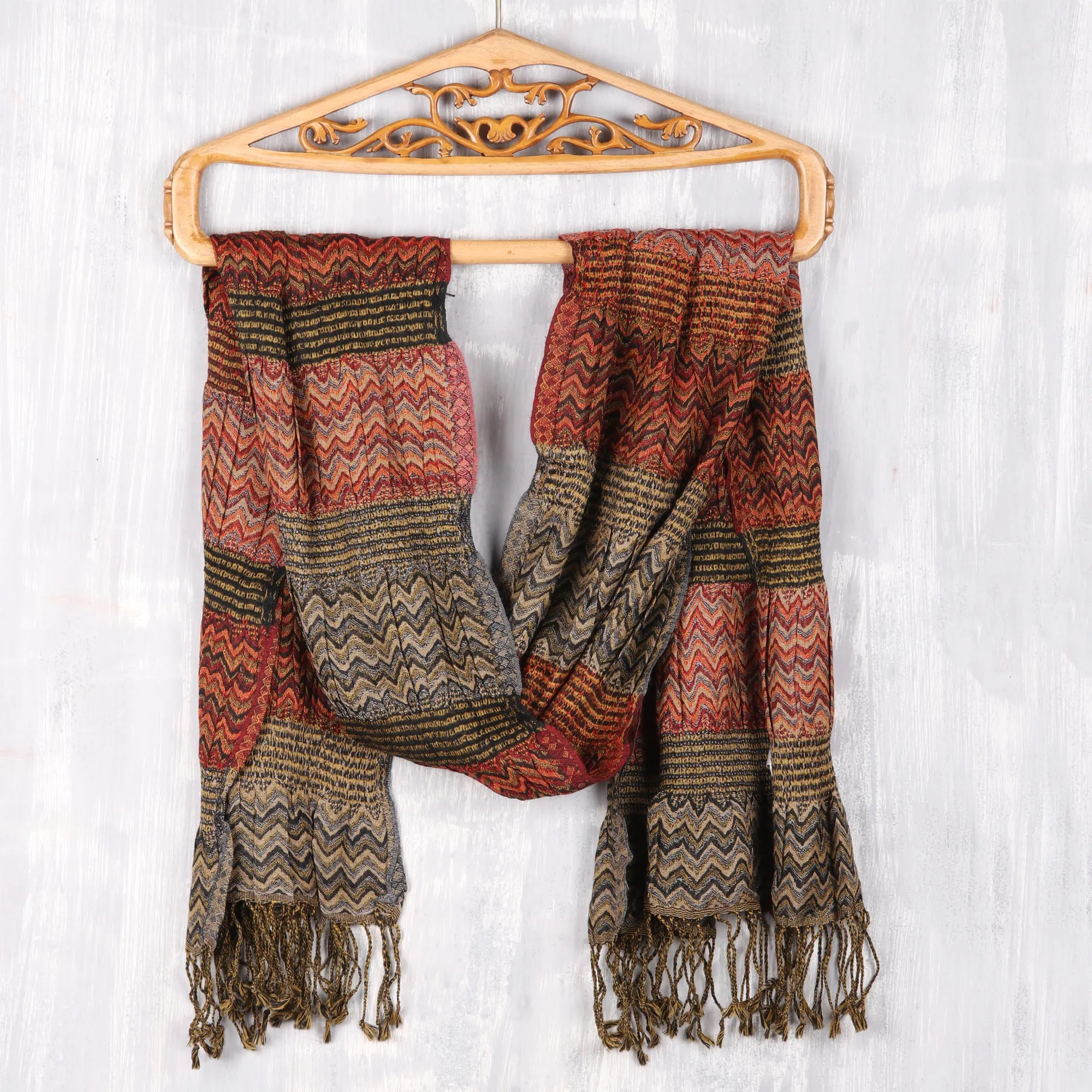 Autumn Waves Wool Scarf from India - Wave Pattern