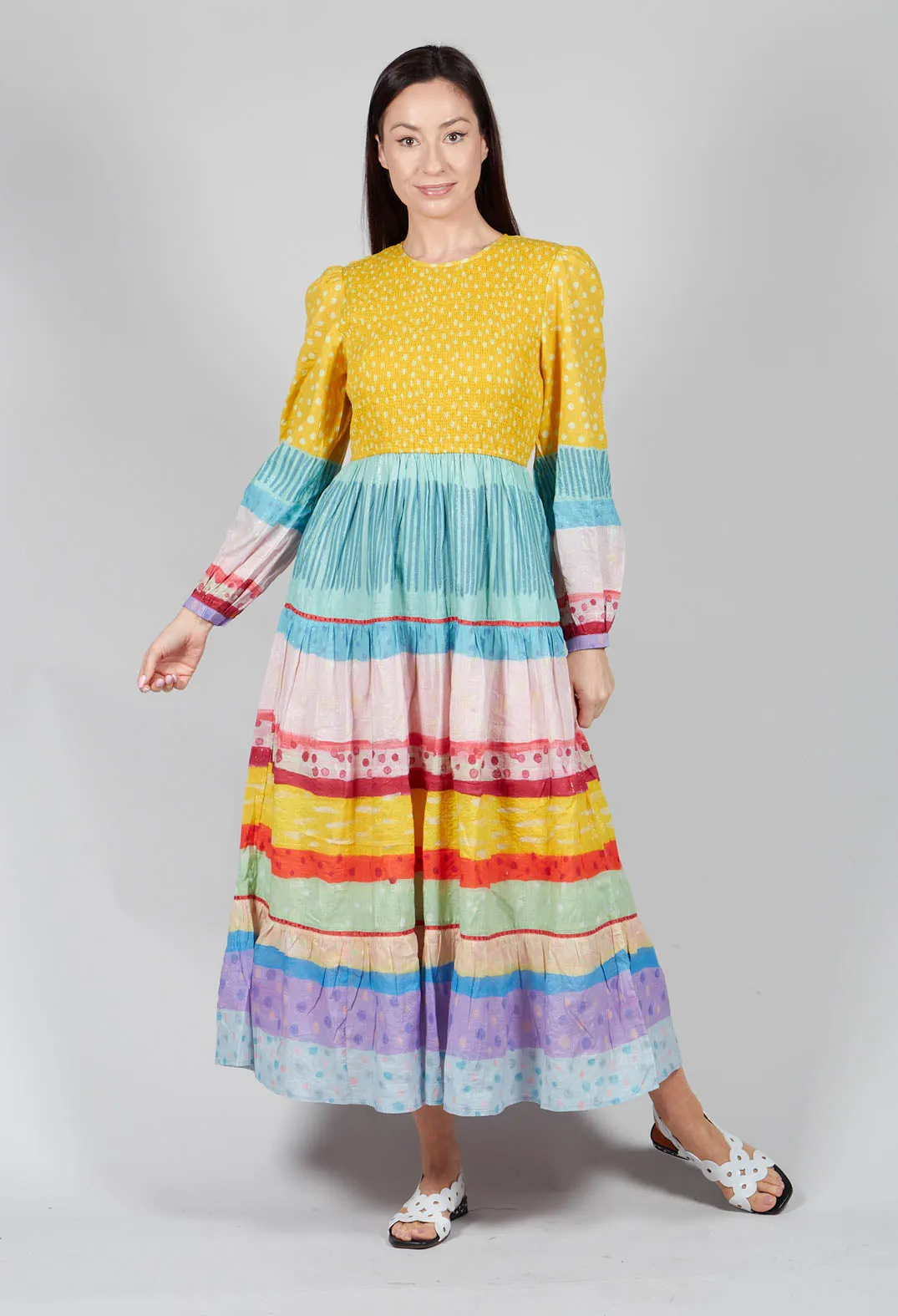 Yellow Multicolour Balloon Sleeve Dress