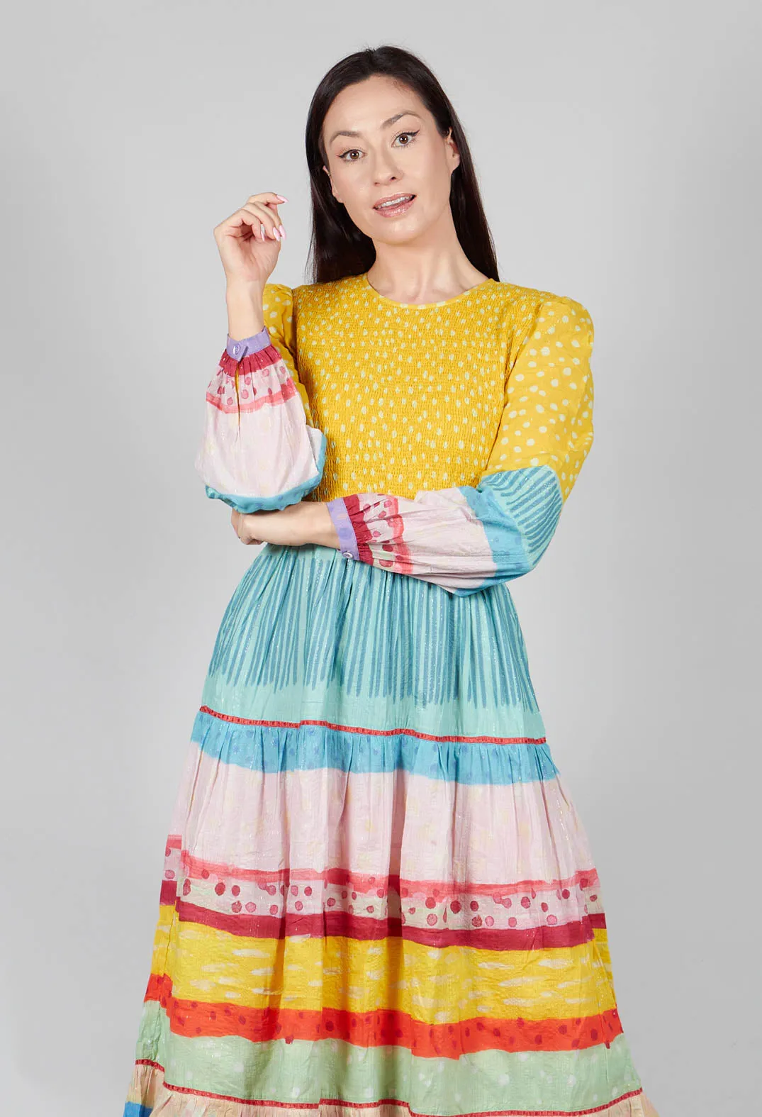 Yellow Multicolour Balloon Sleeve Dress