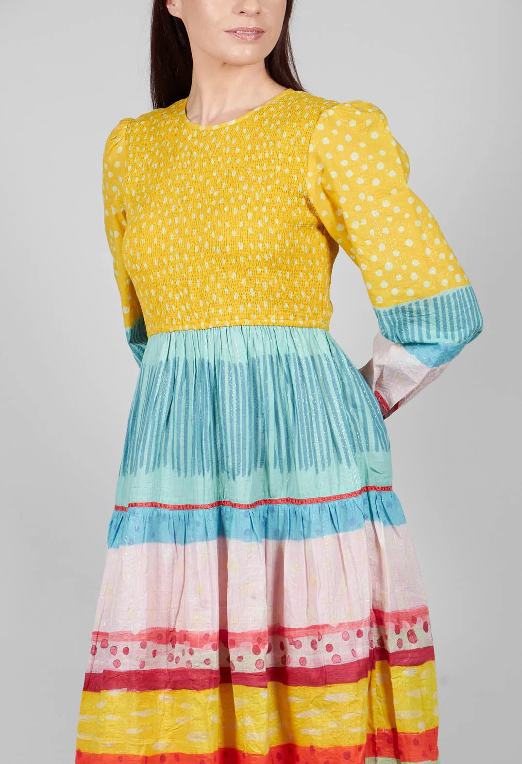 Yellow Multicolour Balloon Sleeve Dress