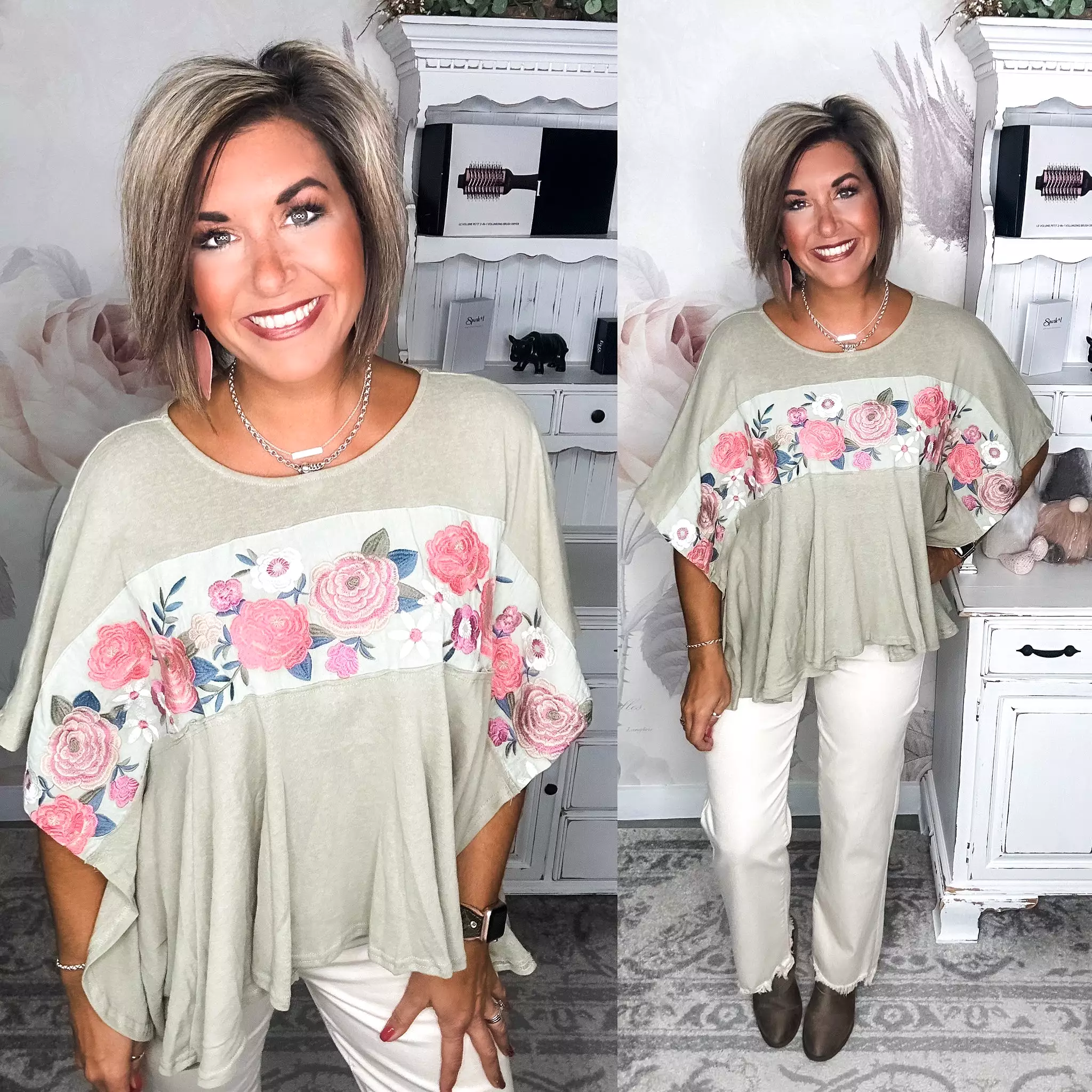 Bar Embroidered Blouse - Sage