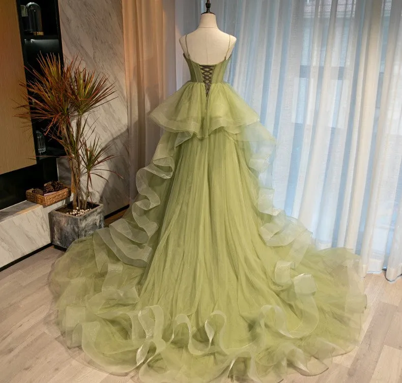 Beautiful Light Green Sweetheart Layers Princess Formal Gown Green Tulle Long Party Dress