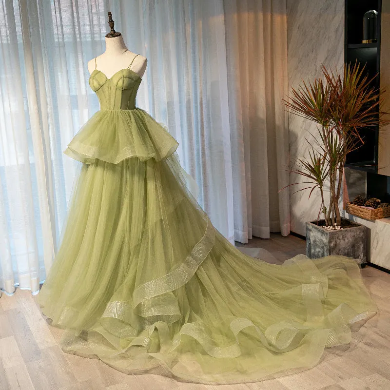 Beautiful Light Green Sweetheart Layers Princess Formal Gown Green Tulle Long Party Dress