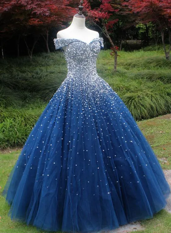 Blue Beaded Formal Dress Beautiful Sweetheart Tulle Blue Sweet 16 Gown Elegant Dress