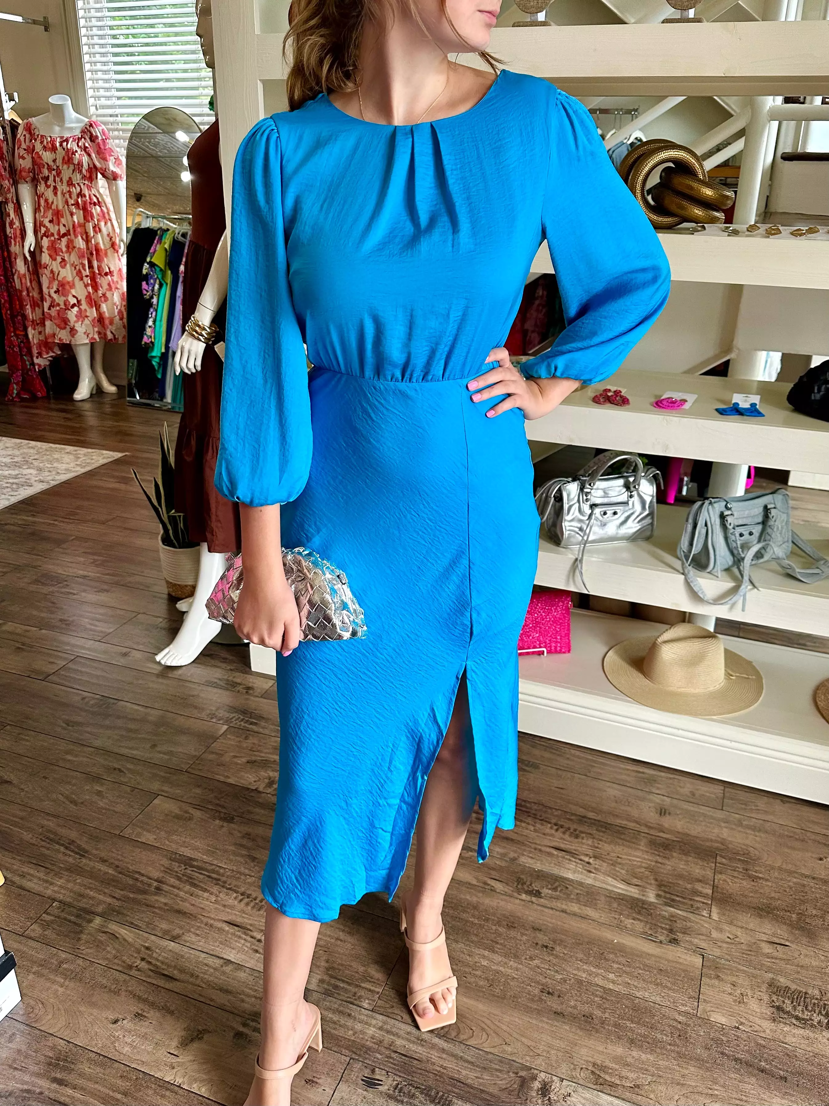 Blue Midi Dress with Sleeves