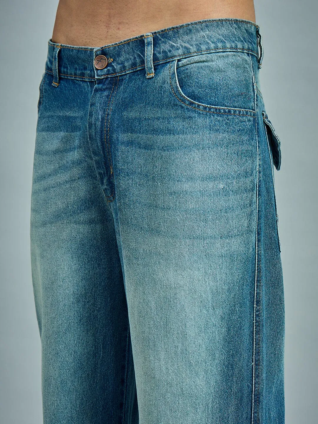 Blue Washed Loose Fit Bootcut Jeans