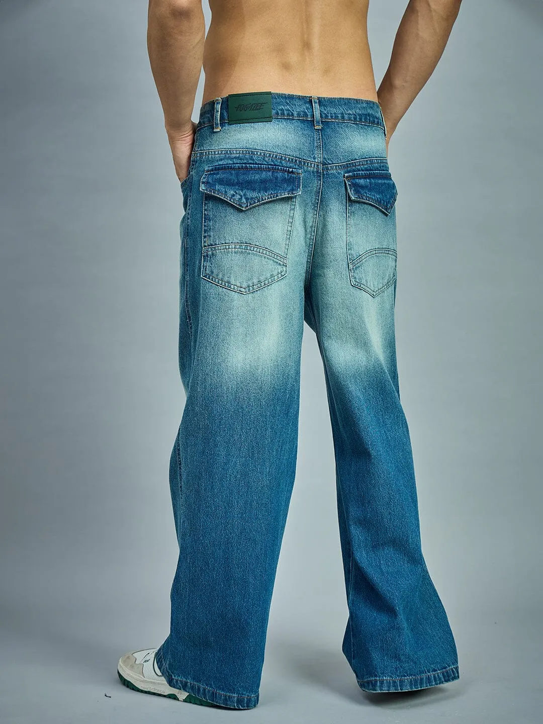 Blue Washed Loose Fit Bootcut Jeans