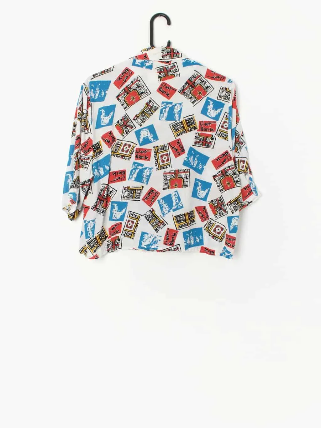 Bold Vintage Blouse with City Print in Red, Blue and Yellow - Small / Medium