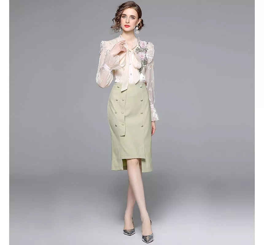 Bow-Neck Ruffle Trim Embroidered Blouse + Plain Midi Pencil Skirt EE10 Set