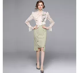 Bow-Neck Ruffle Trim Embroidered Blouse + Plain Midi Pencil Skirt EE10 Set