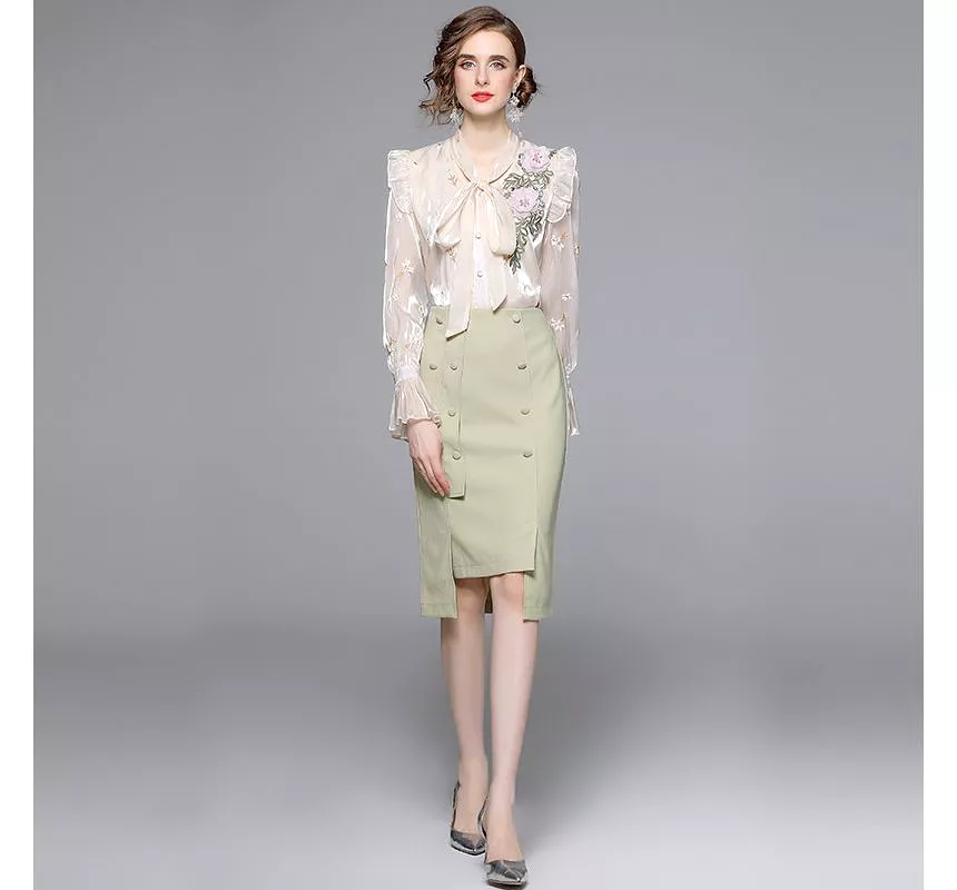 Bow-Neck Ruffle Trim Embroidered Blouse + Plain Midi Pencil Skirt EE10 Set