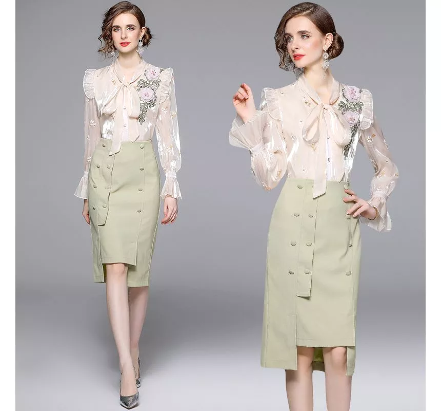 Bow-Neck Ruffle Trim Embroidered Blouse + Plain Midi Pencil Skirt EE10 Set