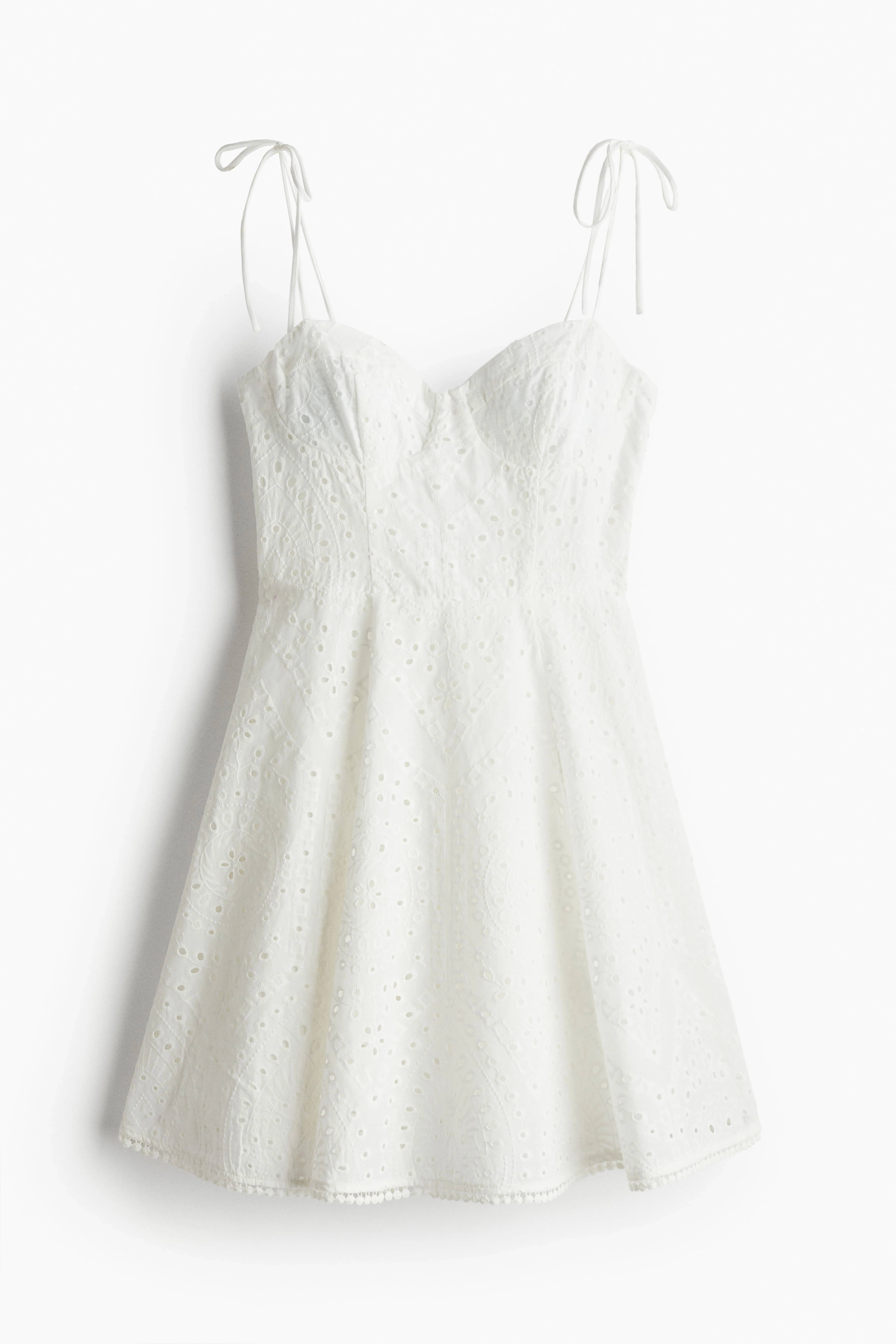 White Broderie Anglaise Tie-Strap Dress Sweetheart Neck Sleeveless Womens H&M GB