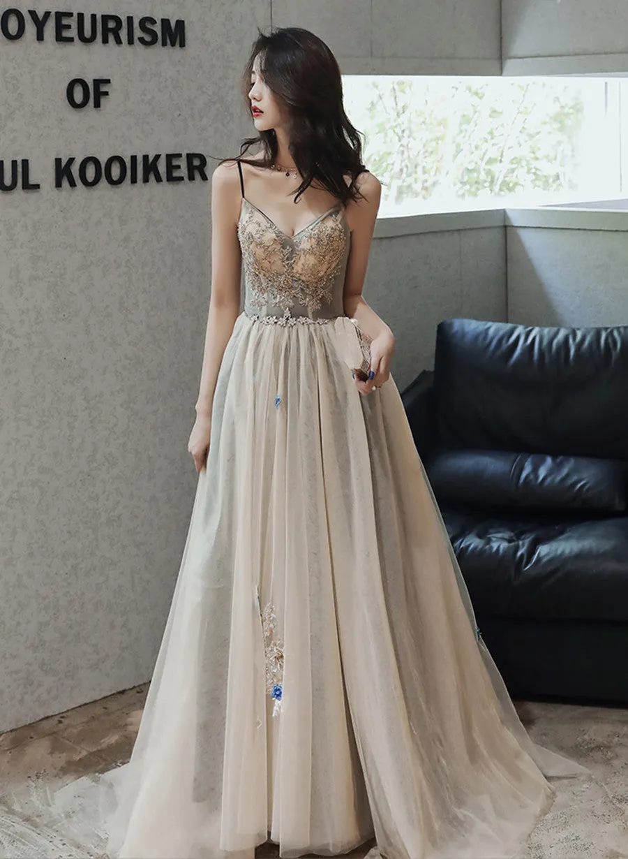 Champagne Sweetheart Beaded Lace Long Party Dress A-line Champagne Prom Dress