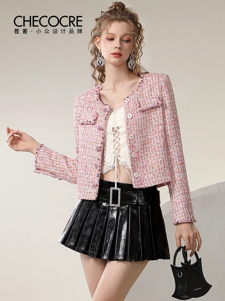 Classy Formal Tweed Elegant Short Jacket Without Collar