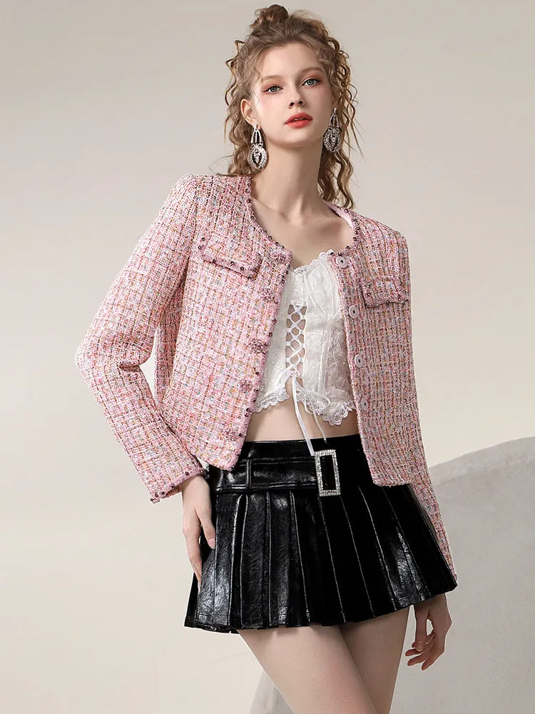 Classy Formal Tweed Elegant Short Jacket Without Collar