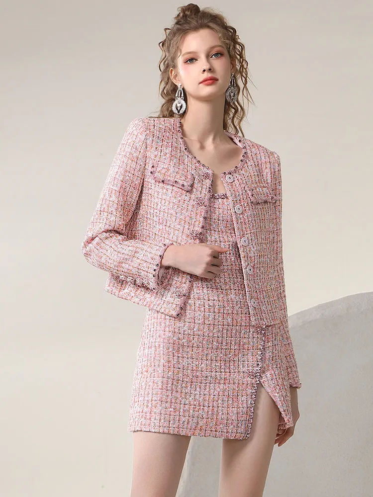 Classy Formal Tweed Elegant Short Jacket Without Collar