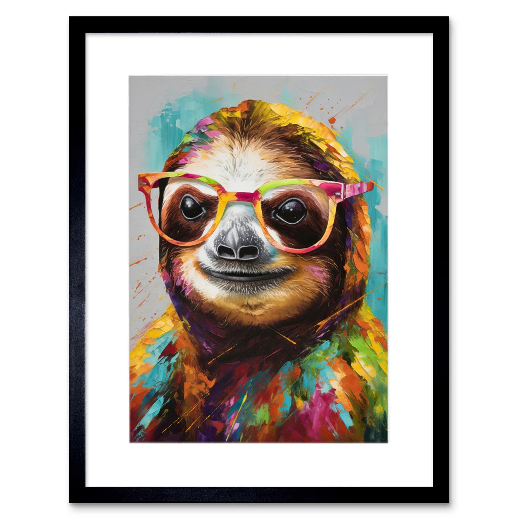 Colorful Sloth with Glasses Framed Folk Art Print 9X7 Inch Wall Art Decor