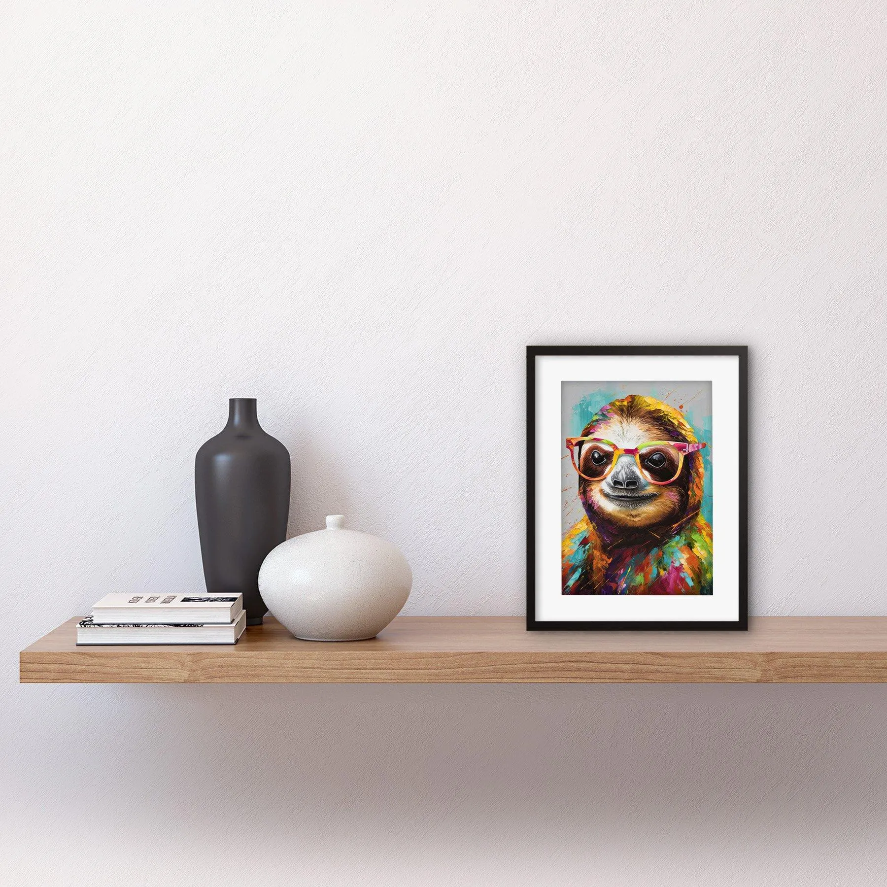 Colorful Sloth with Glasses Framed Folk Art Print 9X7 Inch Wall Art Decor