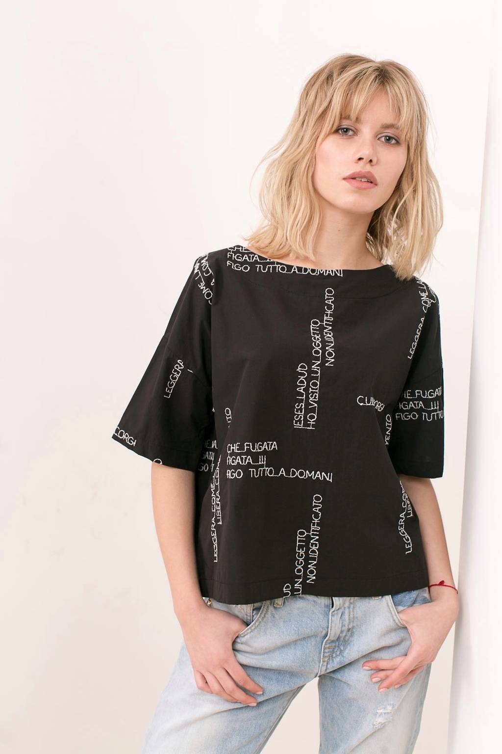 Cotton Embroidered Blouse by Ottod'Ame - BLACK