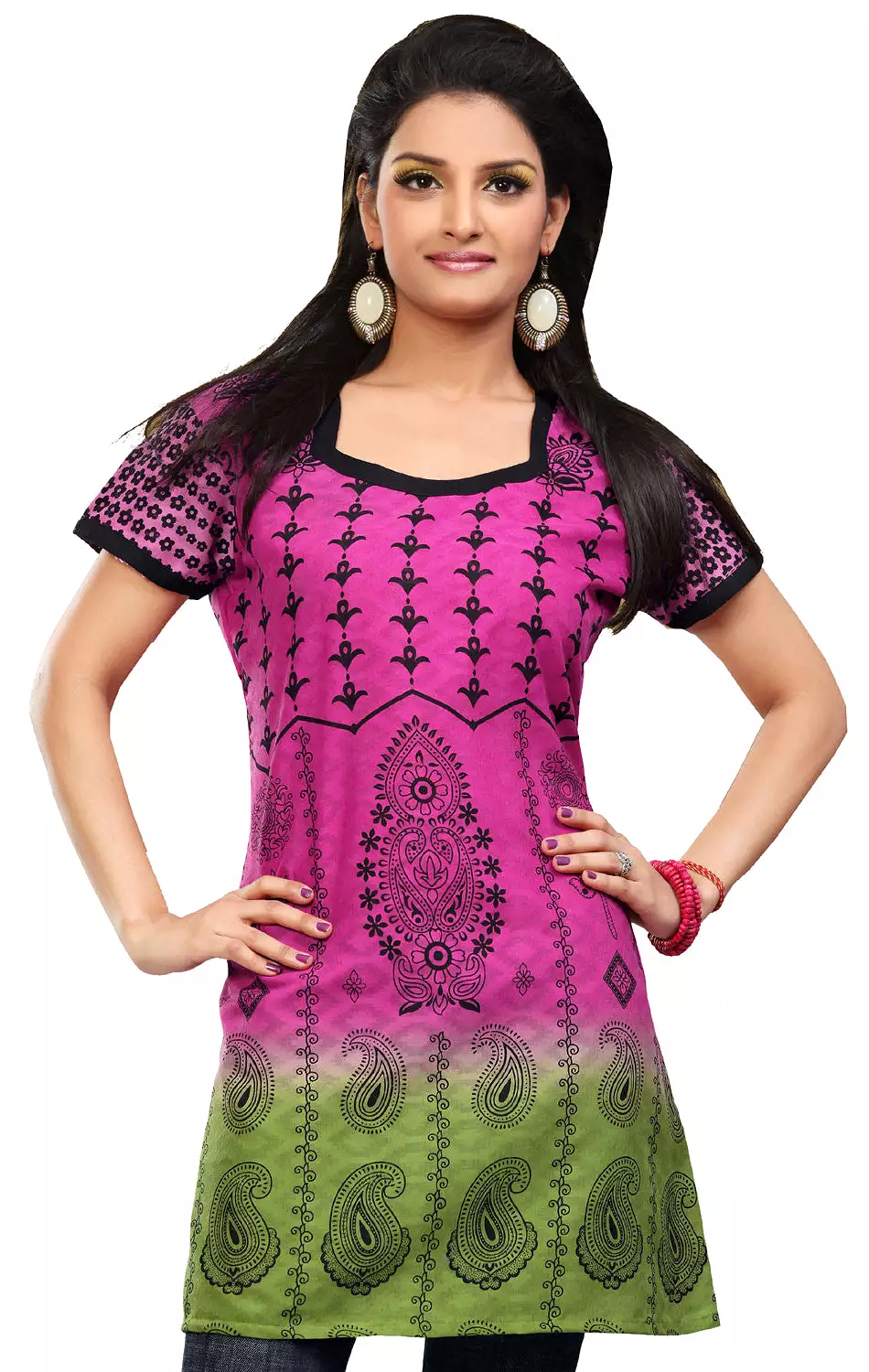 Cotton Long Indian Womens Tunic Top Printed Blouse - India Clothes (Pink)