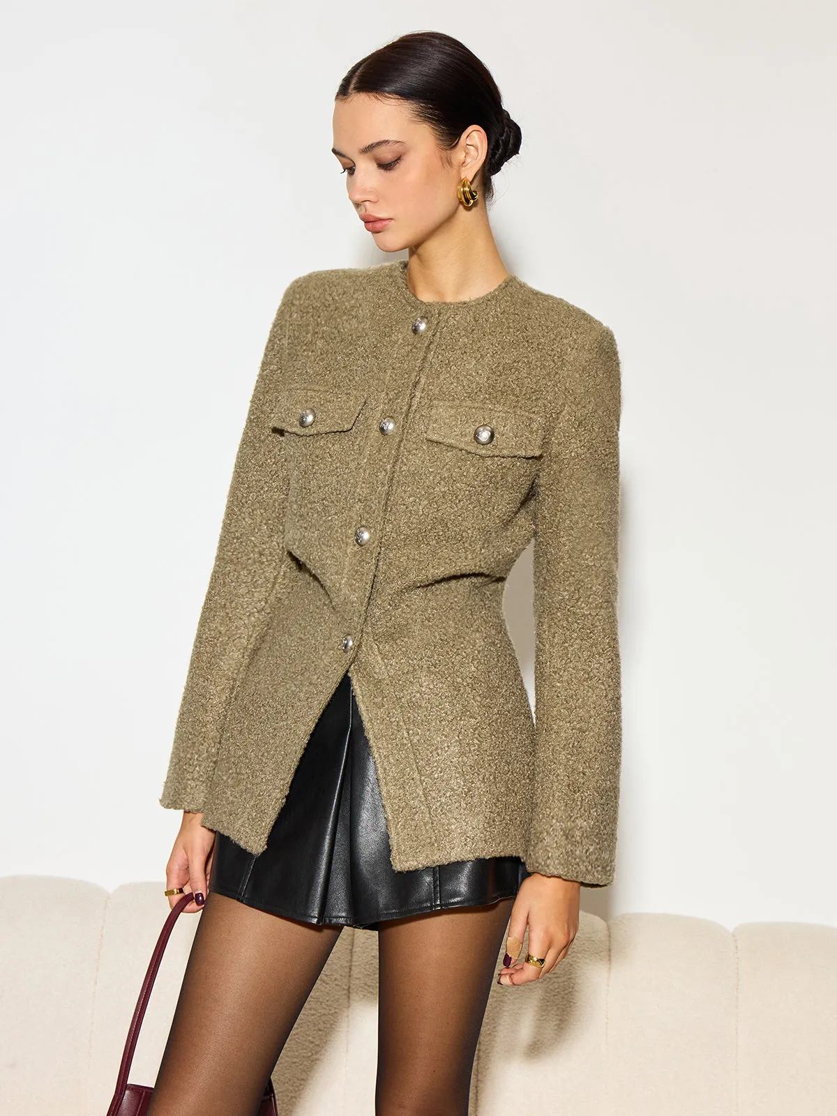 Crew Neck Button Down Tweed Coat