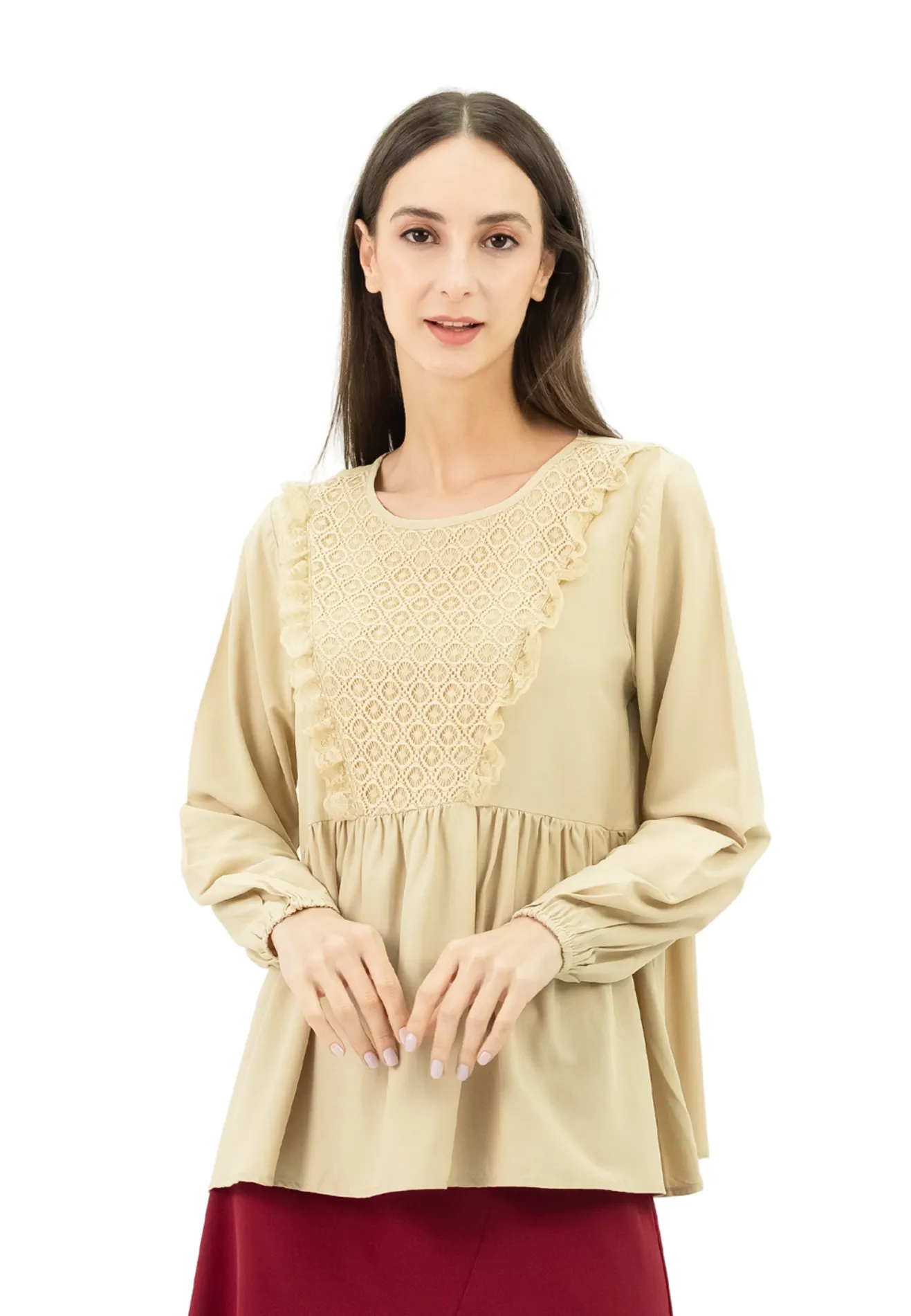 VOIR Daisy Embroidered Blouse with Ruffle Bib and Pleats