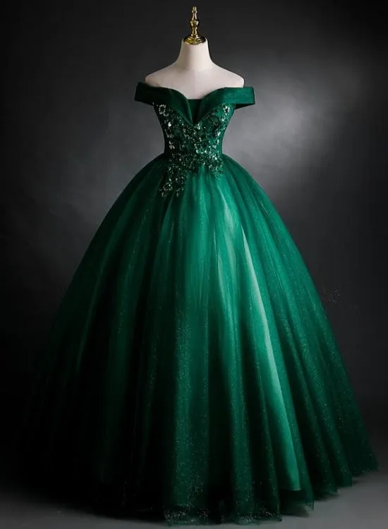 Dark Green Off Shoulder Long Party Dress with Lace Applique, Green Prom Dress