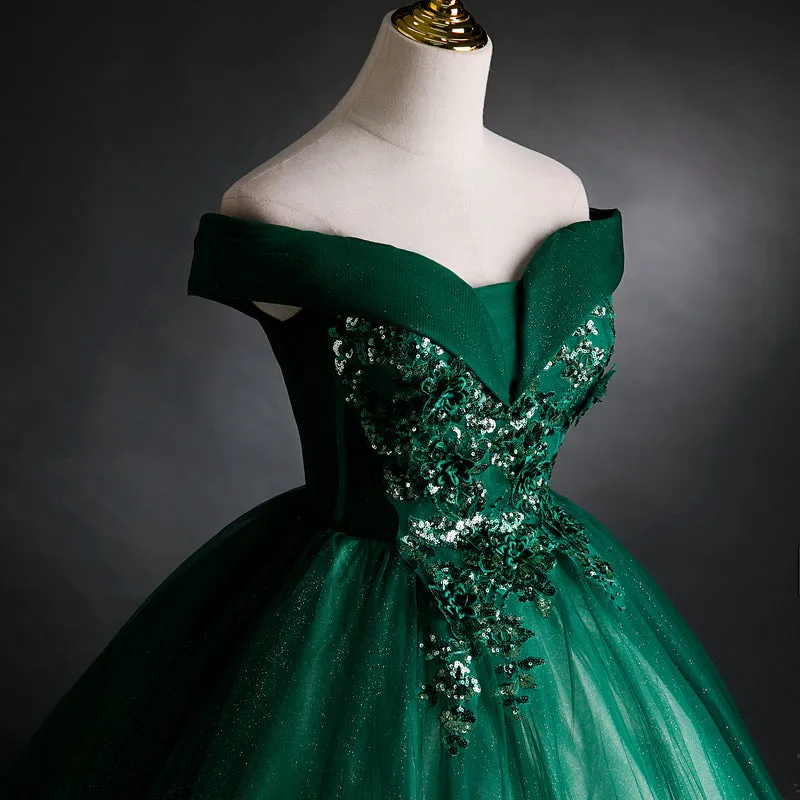 Dark Green Off Shoulder Long Party Dress with Lace Applique, Green Prom Dress