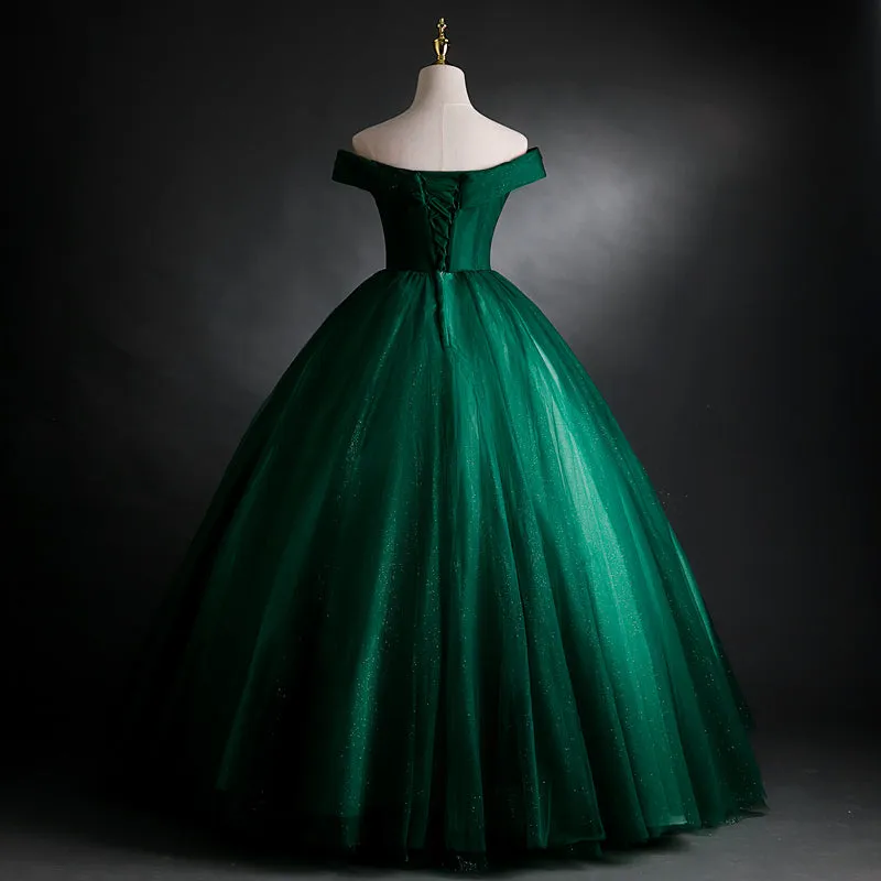 Dark Green Off Shoulder Long Party Dress with Lace Applique, Green Prom Dress