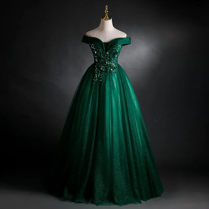 Dark Green Off Shoulder Long Party Dress with Lace Applique, Green Prom Dress