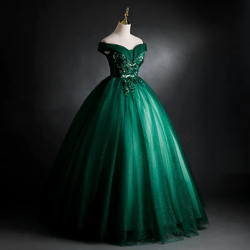 Dark Green Off Shoulder Long Party Dress with Lace Applique, Green Prom Dress