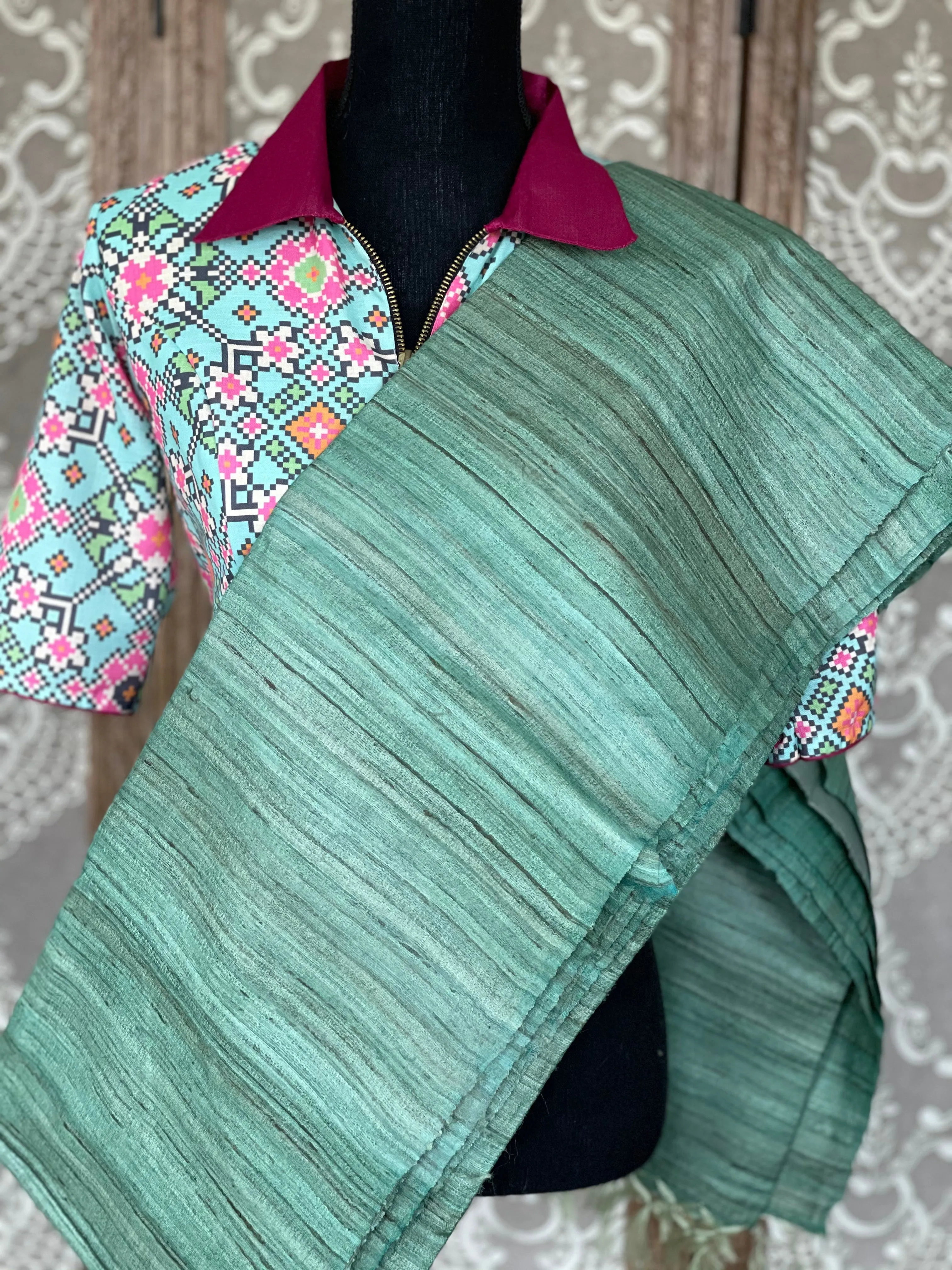 Mint Blue Designer Blouse with Print