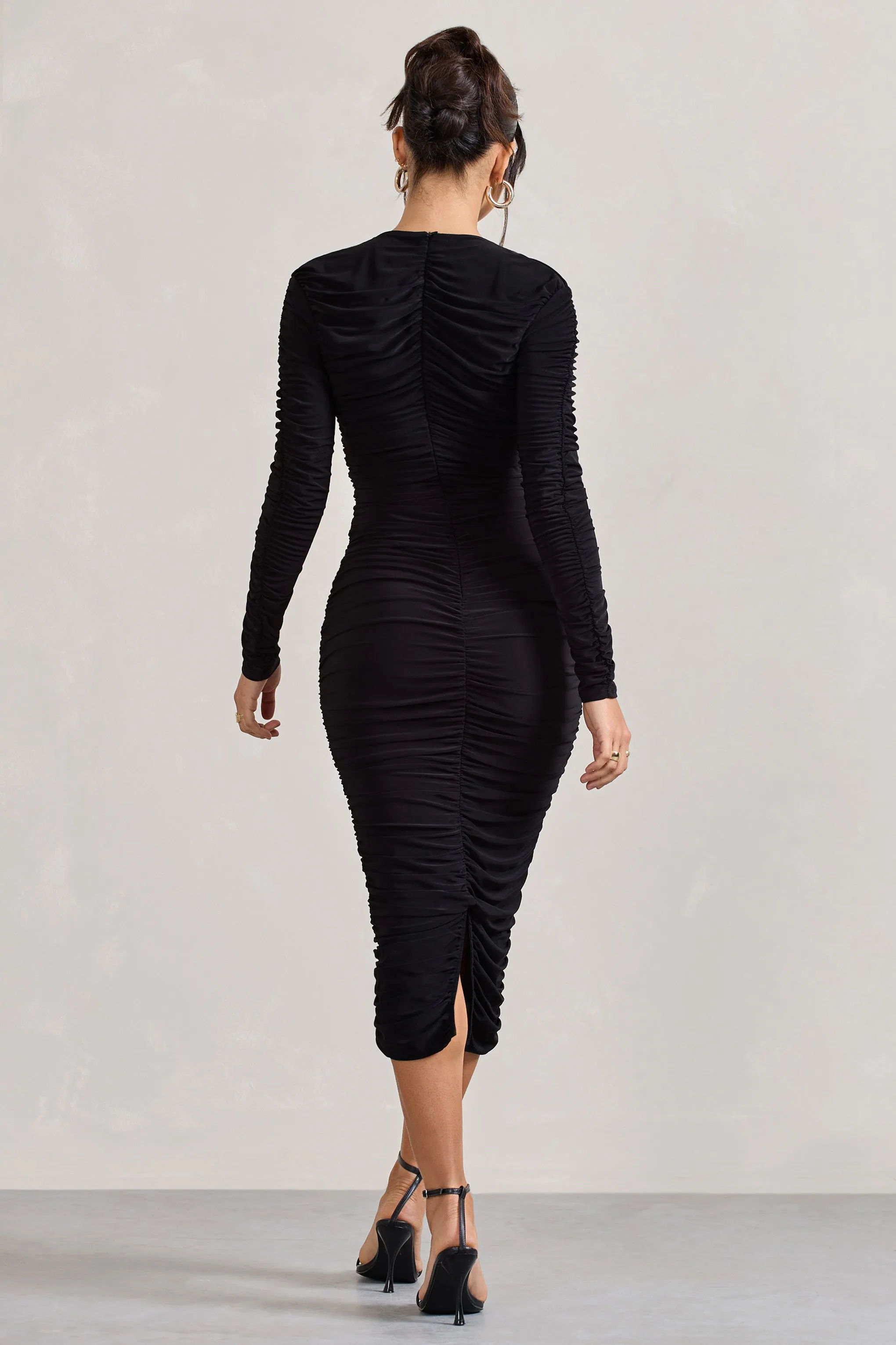 Elisabeth Black V-Neck Long-Sleeve Midi Dress