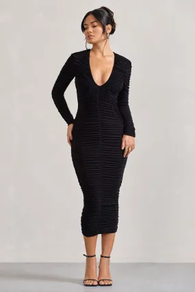 Elisabeth Black V-Neck Long-Sleeve Midi Dress