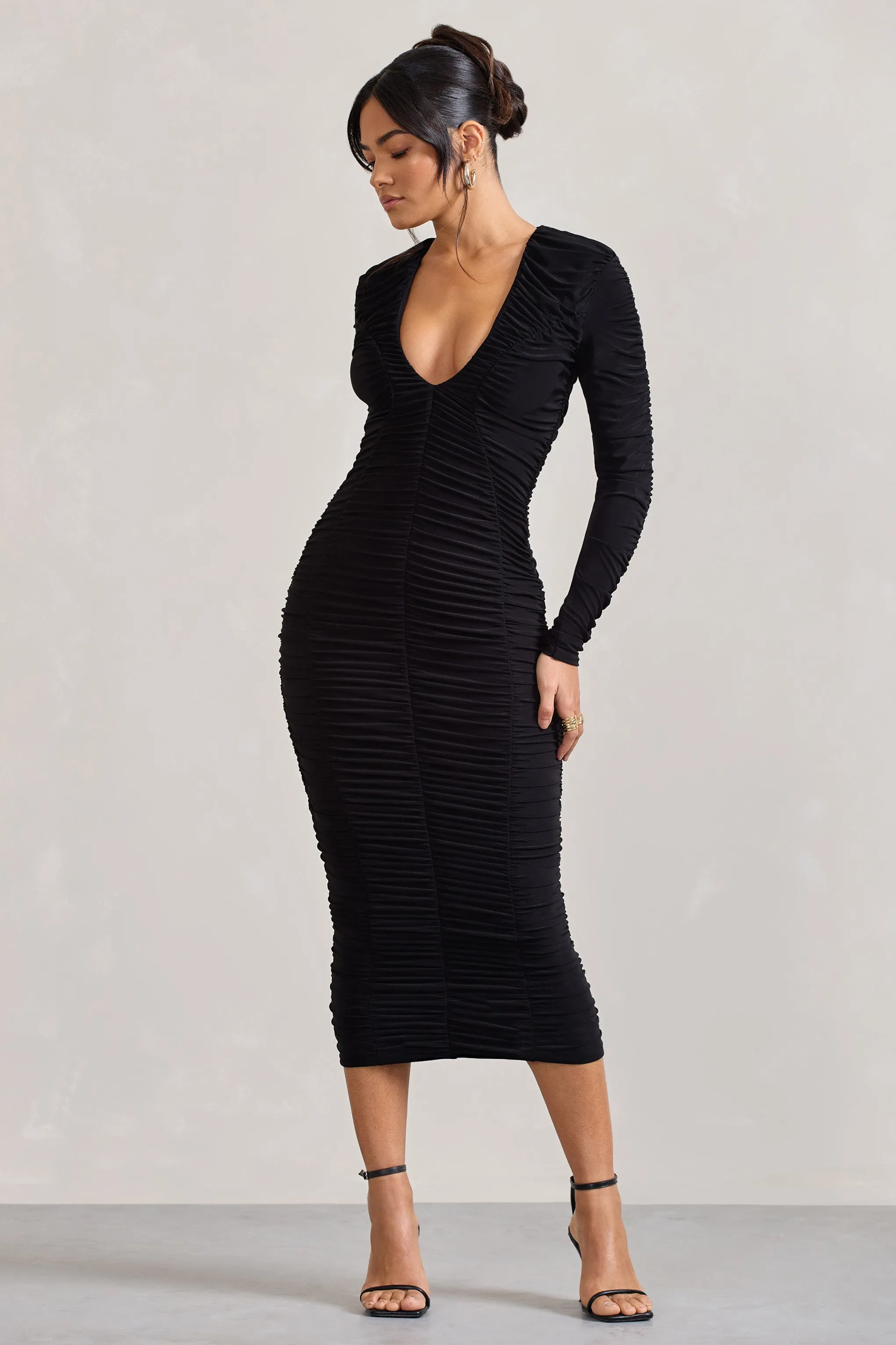 Elisabeth Black V-Neck Long-Sleeve Midi Dress