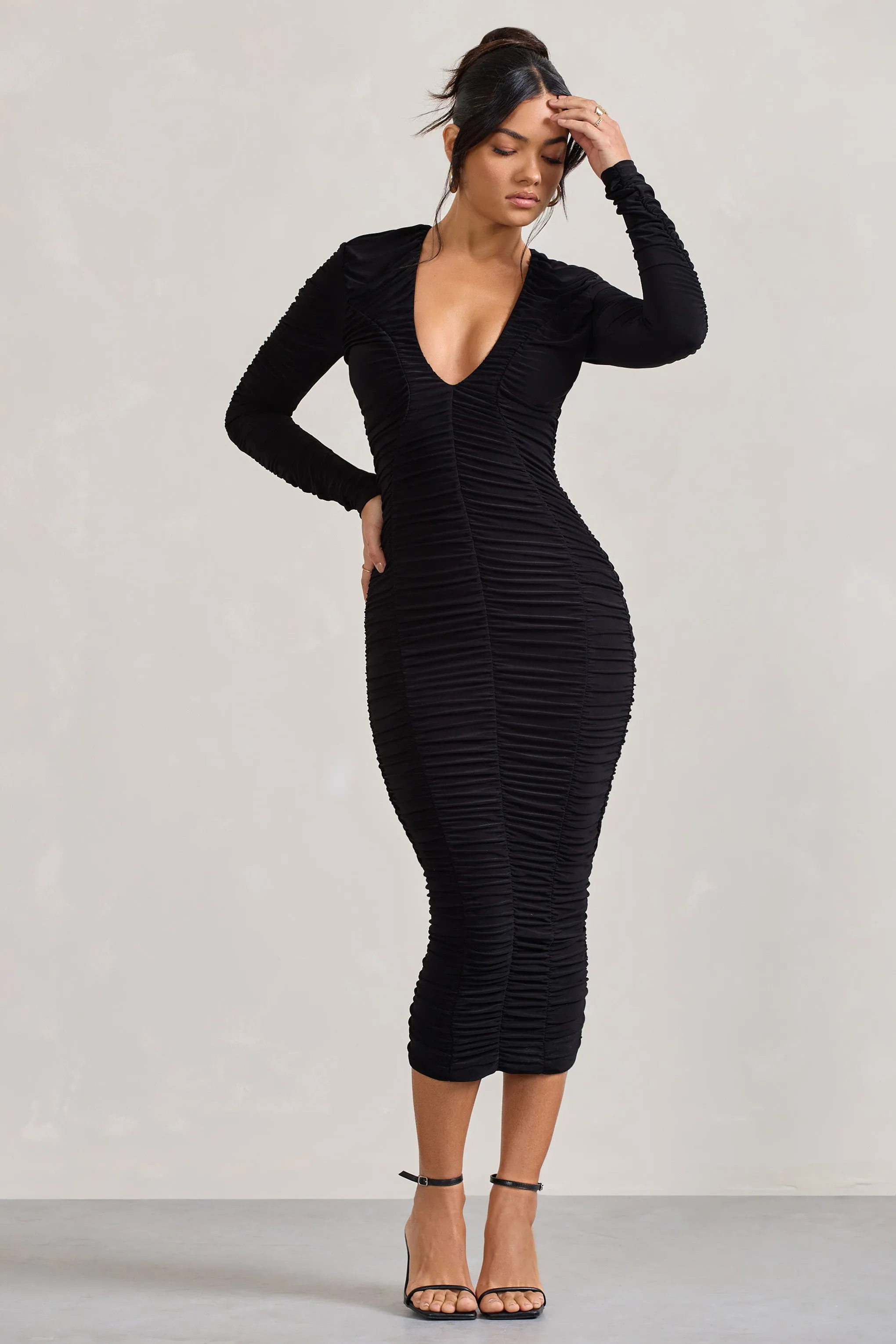 Elisabeth Black V-Neck Long-Sleeve Midi Dress