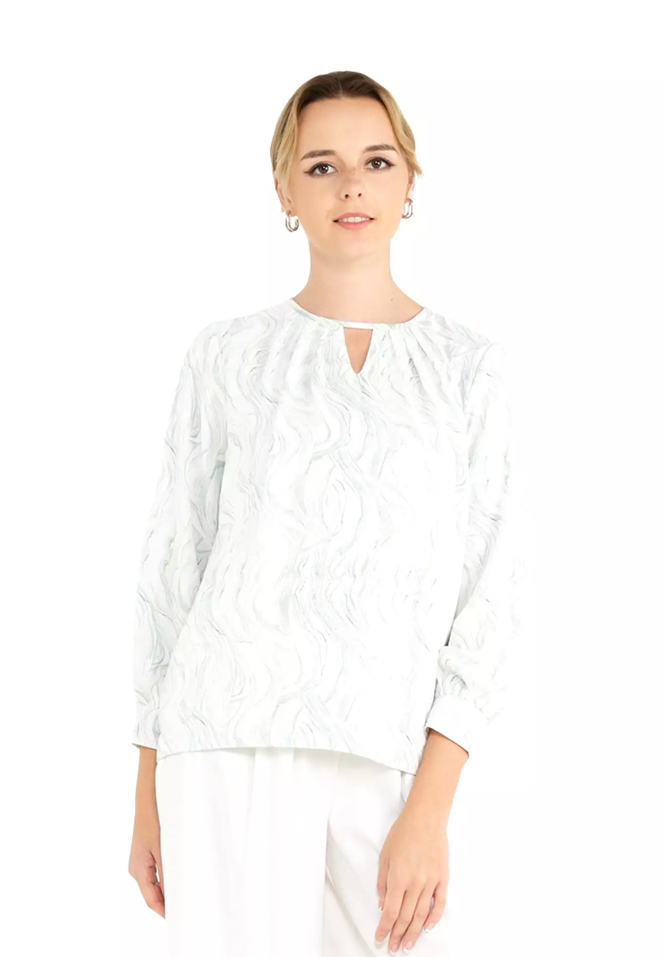 ELLE Apparel Printed Blouse with Keyhole Neck and Long Sleeves