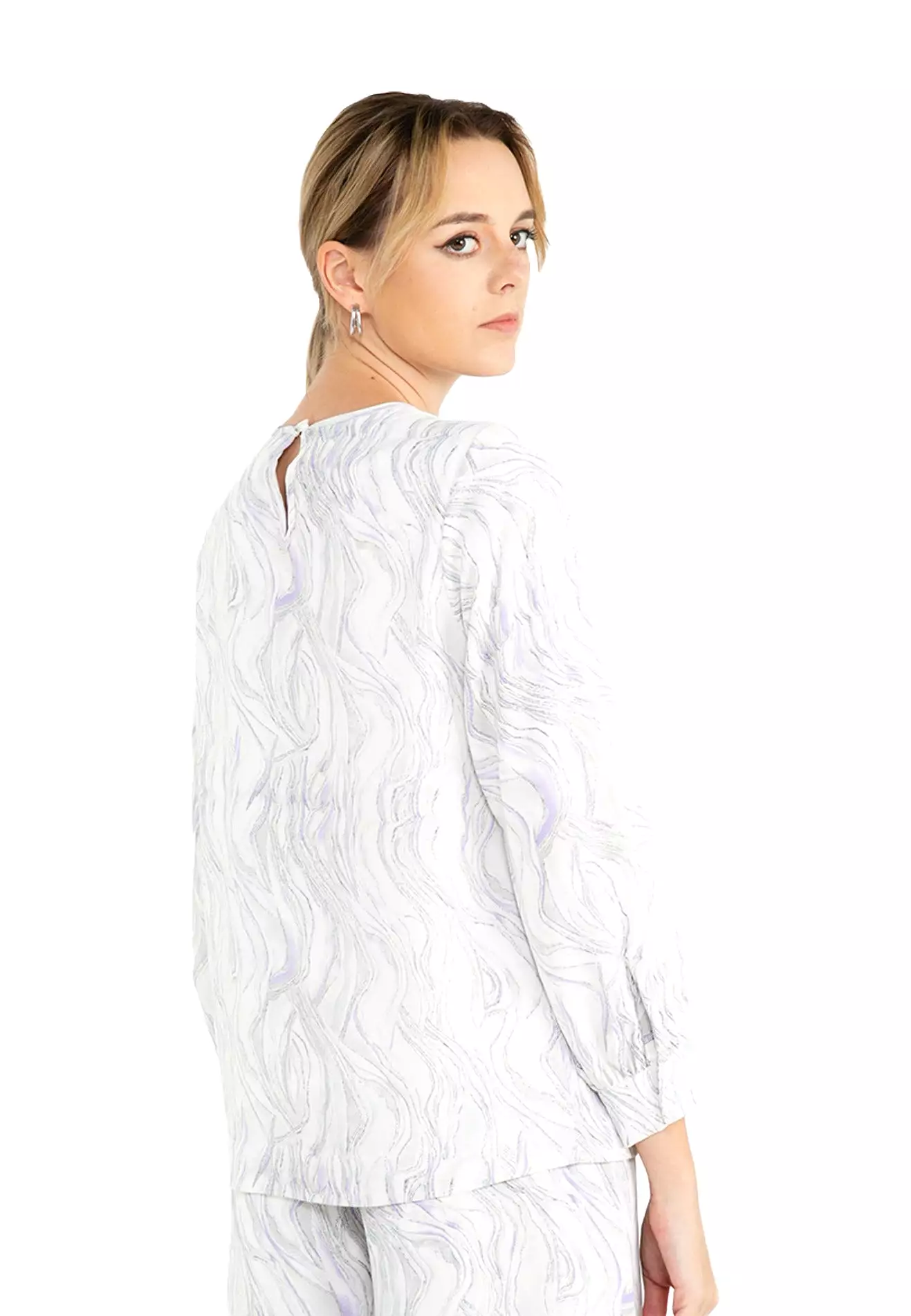 ELLE Apparel Printed Blouse with Keyhole Neck and Long Sleeves