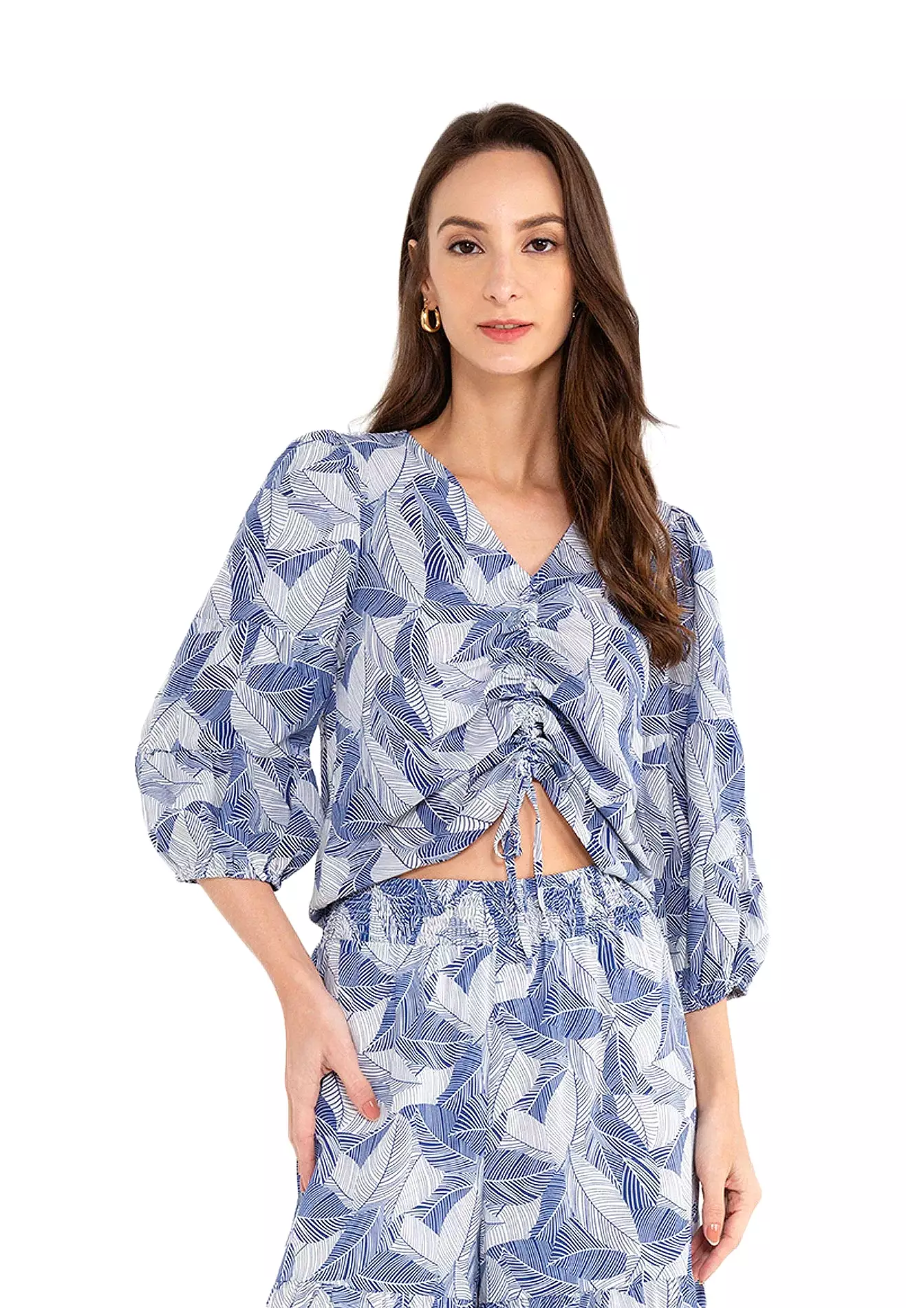 ELLE Apparel Tropical Printed Drawstring Blouse