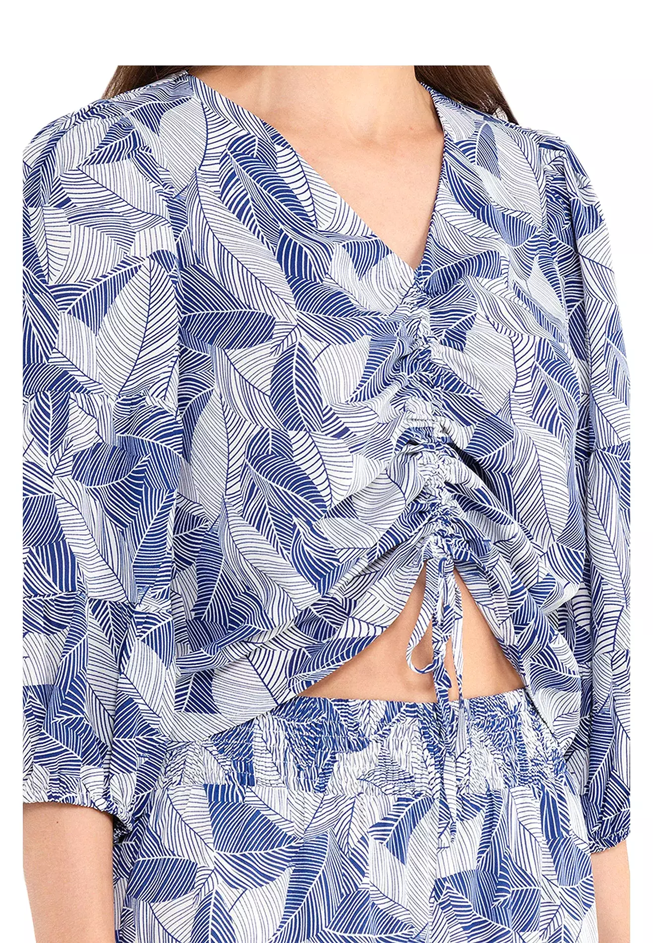 ELLE Apparel Tropical Printed Drawstring Blouse