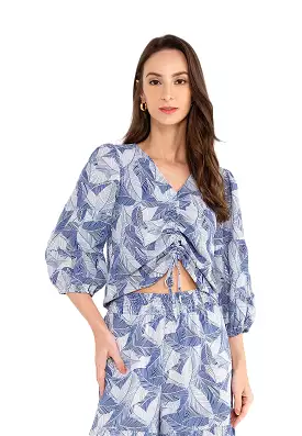 ELLE Apparel Tropical Printed Drawstring Blouse